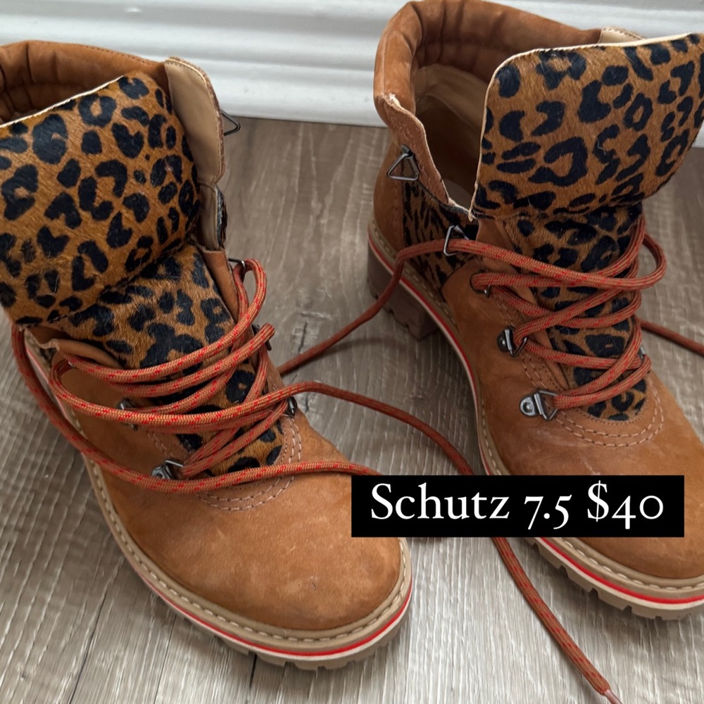 SCHUTZ Tan Leopard Combat Boots with Orange Laces